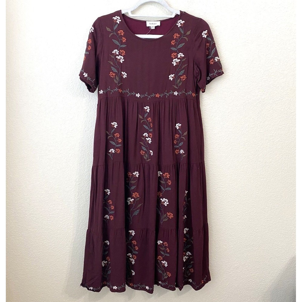 Bohme Dress Womens Size XS Maroon Tiered Floral Embroidered